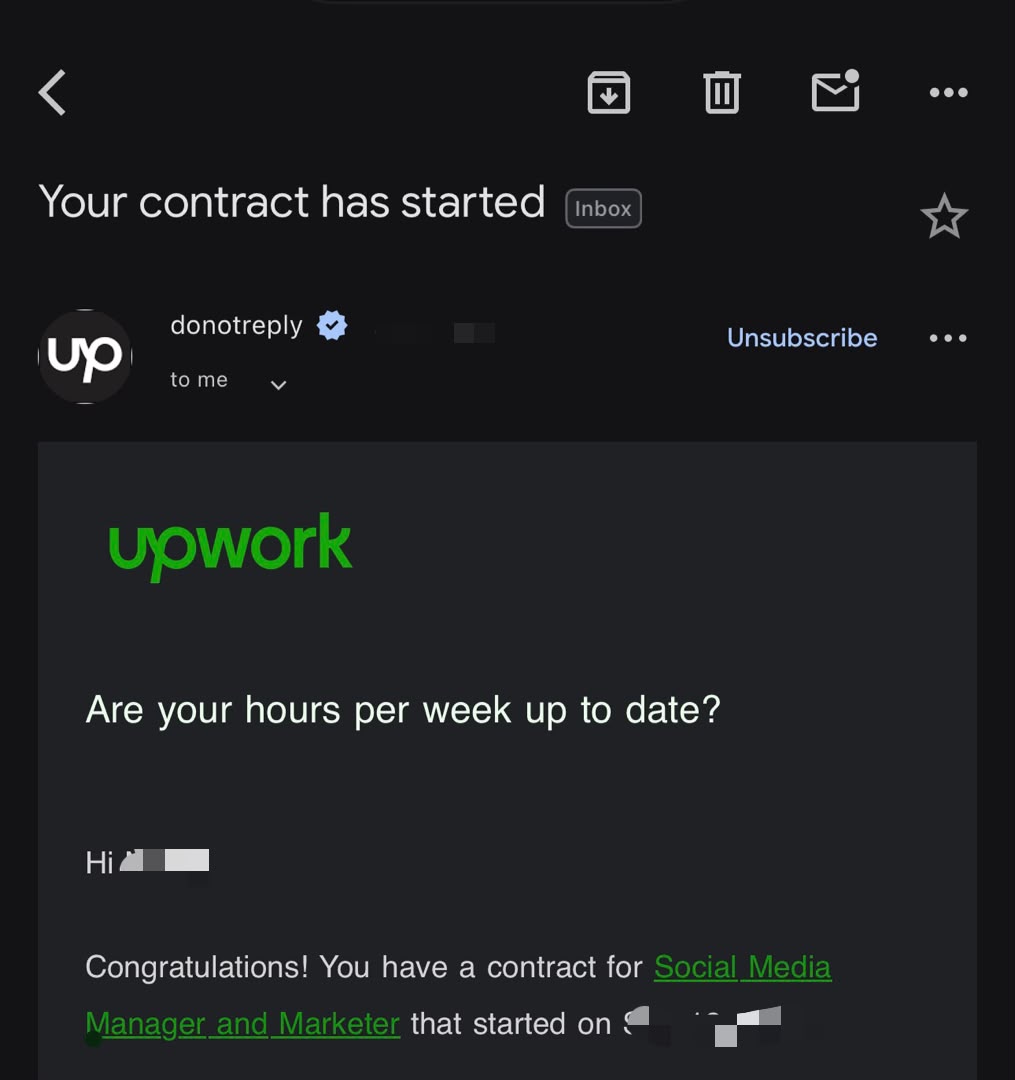 Upwork notification showing a contract started