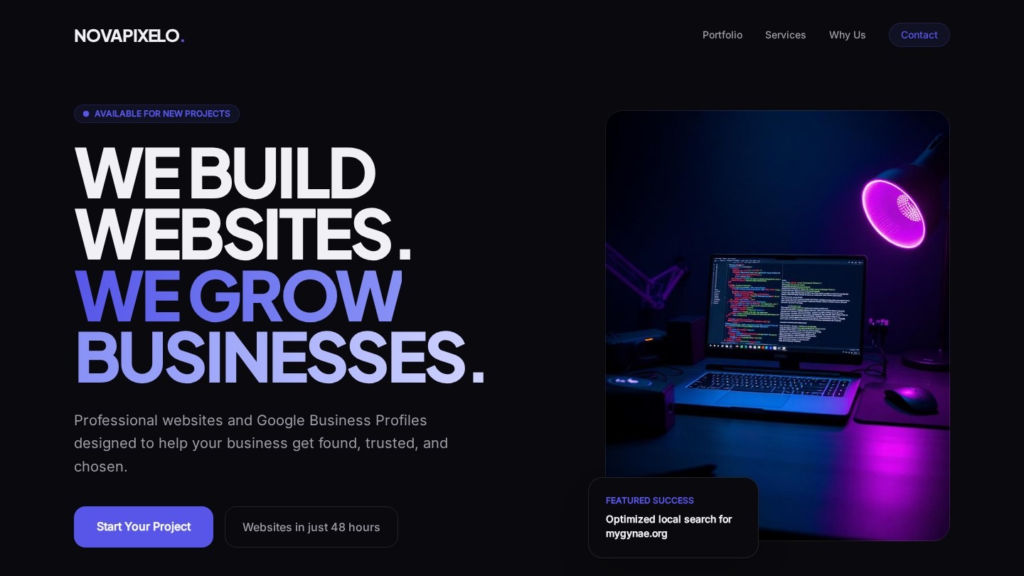 Homepage of Novapixelo, a web design service site built by a Ceenan Socials Academy student